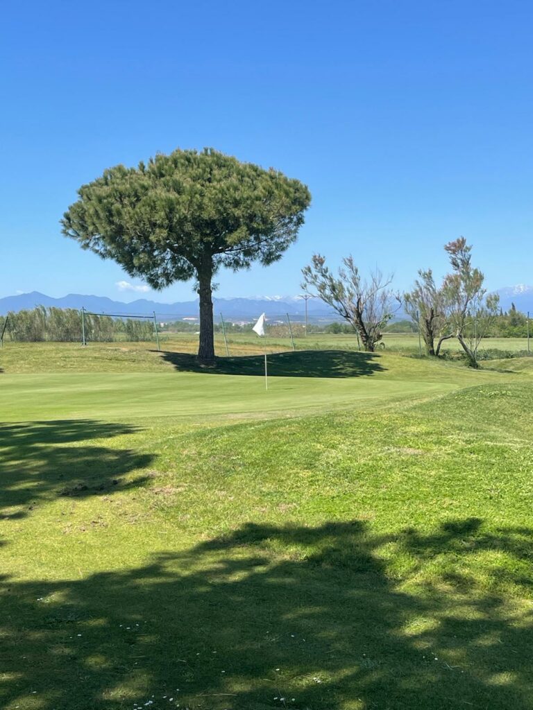 Golf de Castelló d'Empúries avec les Pyrénées en arrière-plan